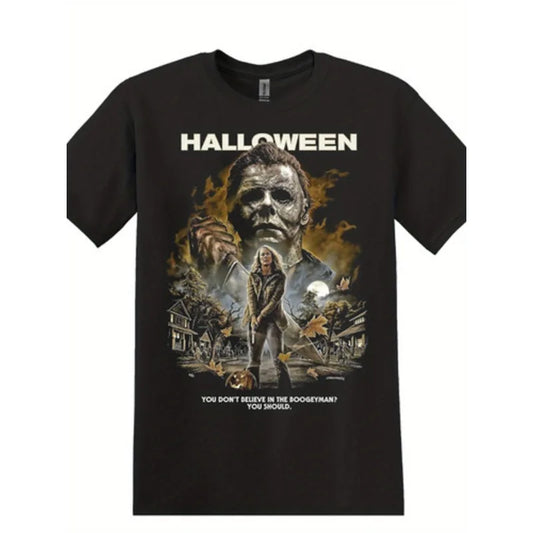 180g vintage Michael Myers and Laurie Strode T-shirt - iconic Halloween horror movie print, loose fit short sleeved T-shirt, K's Collection Store