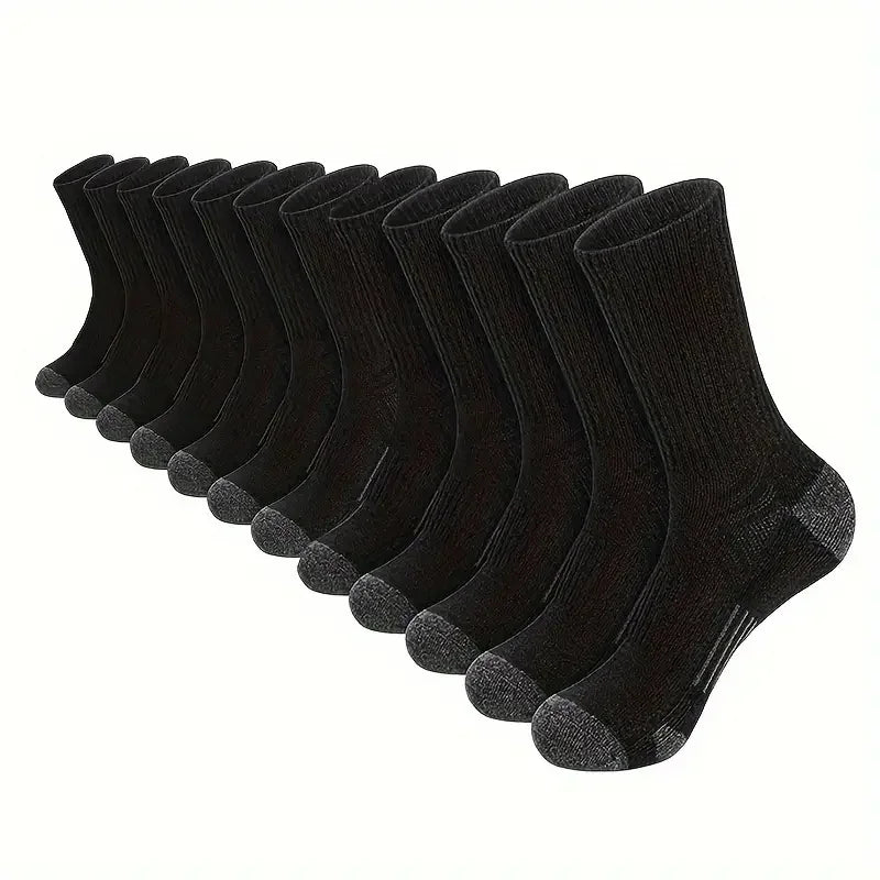 Men's solid black crew socks, 12-pack look with gray toe and heel tips
