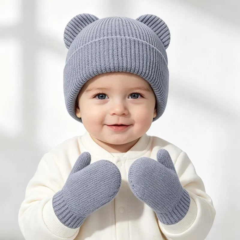 Winter Kids Hat Gloves Set Cute Bear Ear Beanie for Boys Girls Warm Kintted Earflap Hats Solid Color Mittens 6M-3Y K's Collection Store
