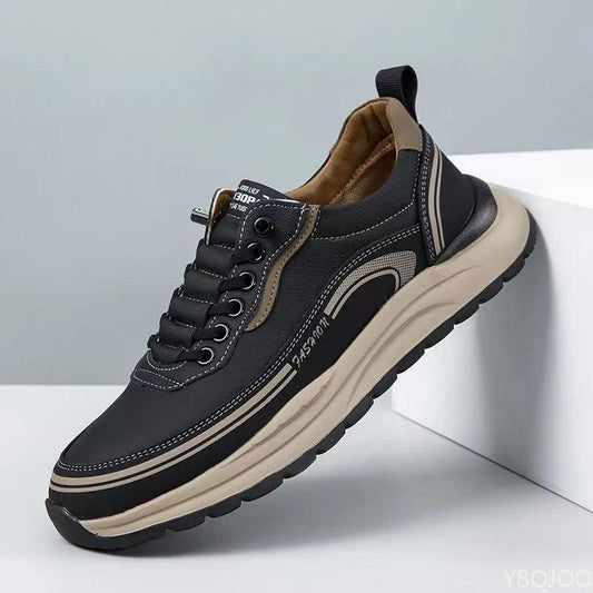 Men's walking shoes, dark coffee/black with tan lining and lace-up closure
