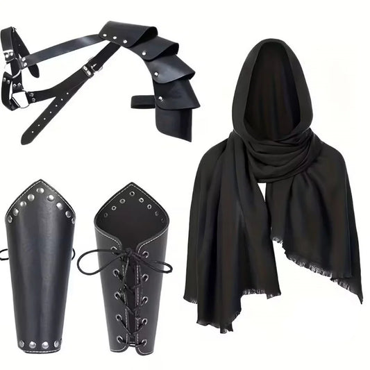 1/4PCS Men Vintage Medieval Knight Hooded Cloak Scarf Renaissance Belt Wrist Guard Halloween Cosplay Costume Accessories Prop K's Collection Store