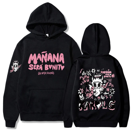 Black oversized graphic hoodie with colorful front and back cartoon print