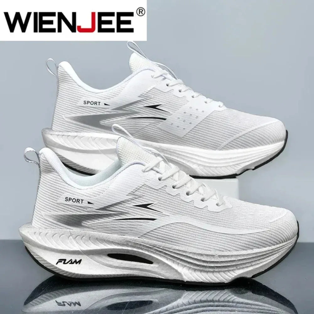 White men’s running sneakers, breathable knit upper, lace-up, WENJEE logo, side view