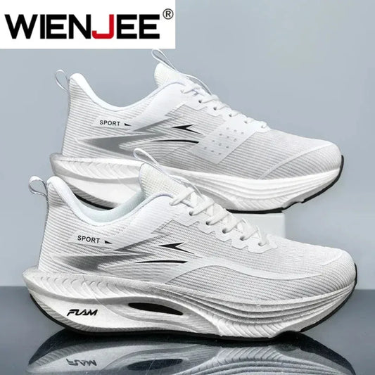 White men’s running sneakers, breathable knit upper, lace-up, WENJEE logo, side view