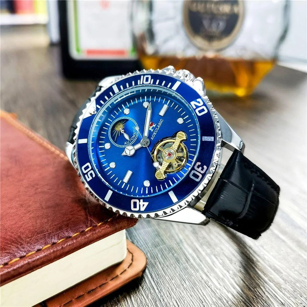 Men's automatic skeleton mechanical watch with blue dial and black leather strap