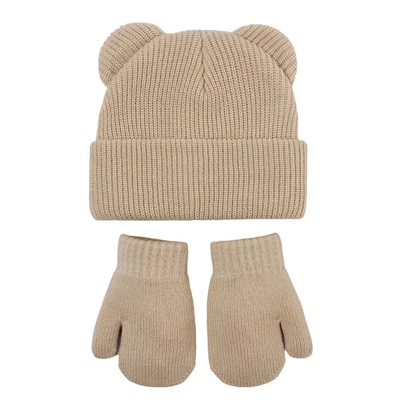 Winter Kids Hat Gloves Set Cute Bear Ear Beanie for Boys Girls Warm Kintted Earflap Hats Solid Color Mittens 6M-3Y K's Collection Store