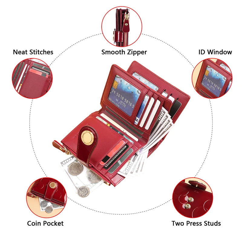 Wine red women’s short wallet open, featuring ID window, coin pocket, and smooth zipper
