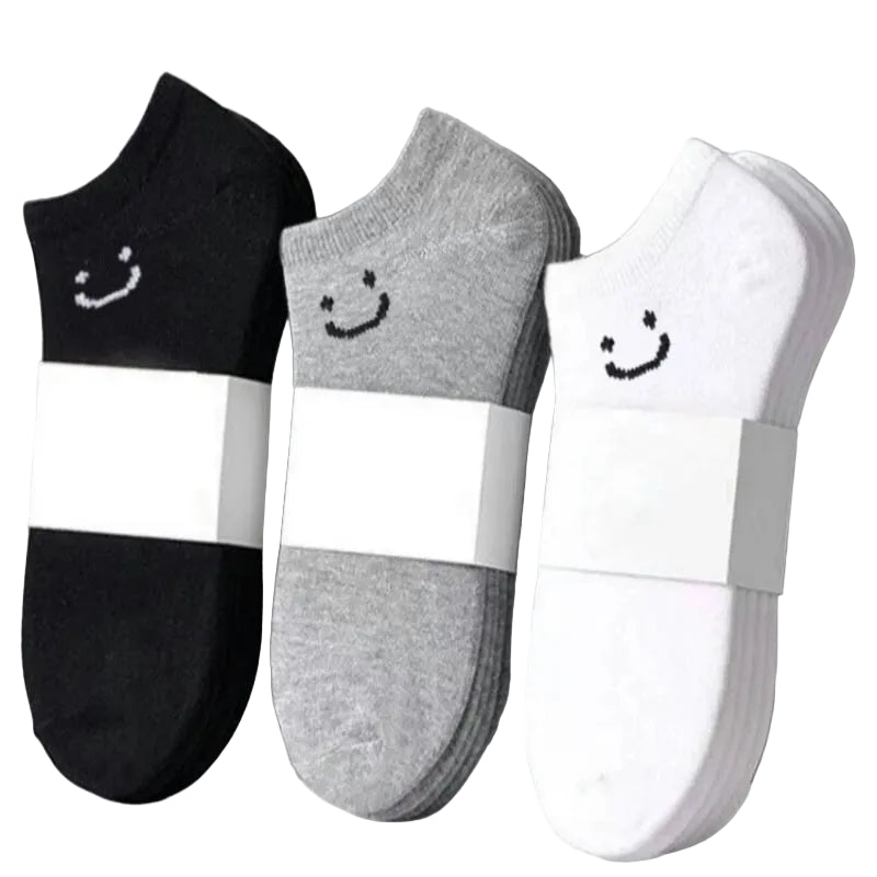 Women’s no-show low-cut ankle socks set: black, grey, and white with smiley faces.