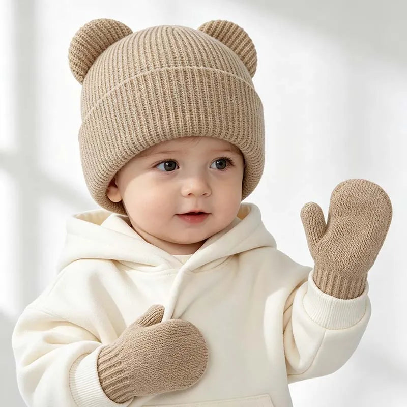 Winter Kids Hat Gloves Set Cute Bear Ear Beanie for Boys Girls Warm Kintted Earflap Hats Solid Color Mittens 6M-3Y K's Collection Store