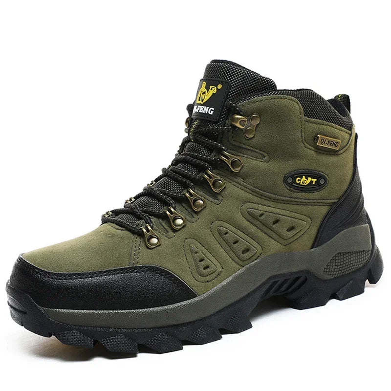 High-top adventure sneaker in olive green and black, lace-up with chunky tread