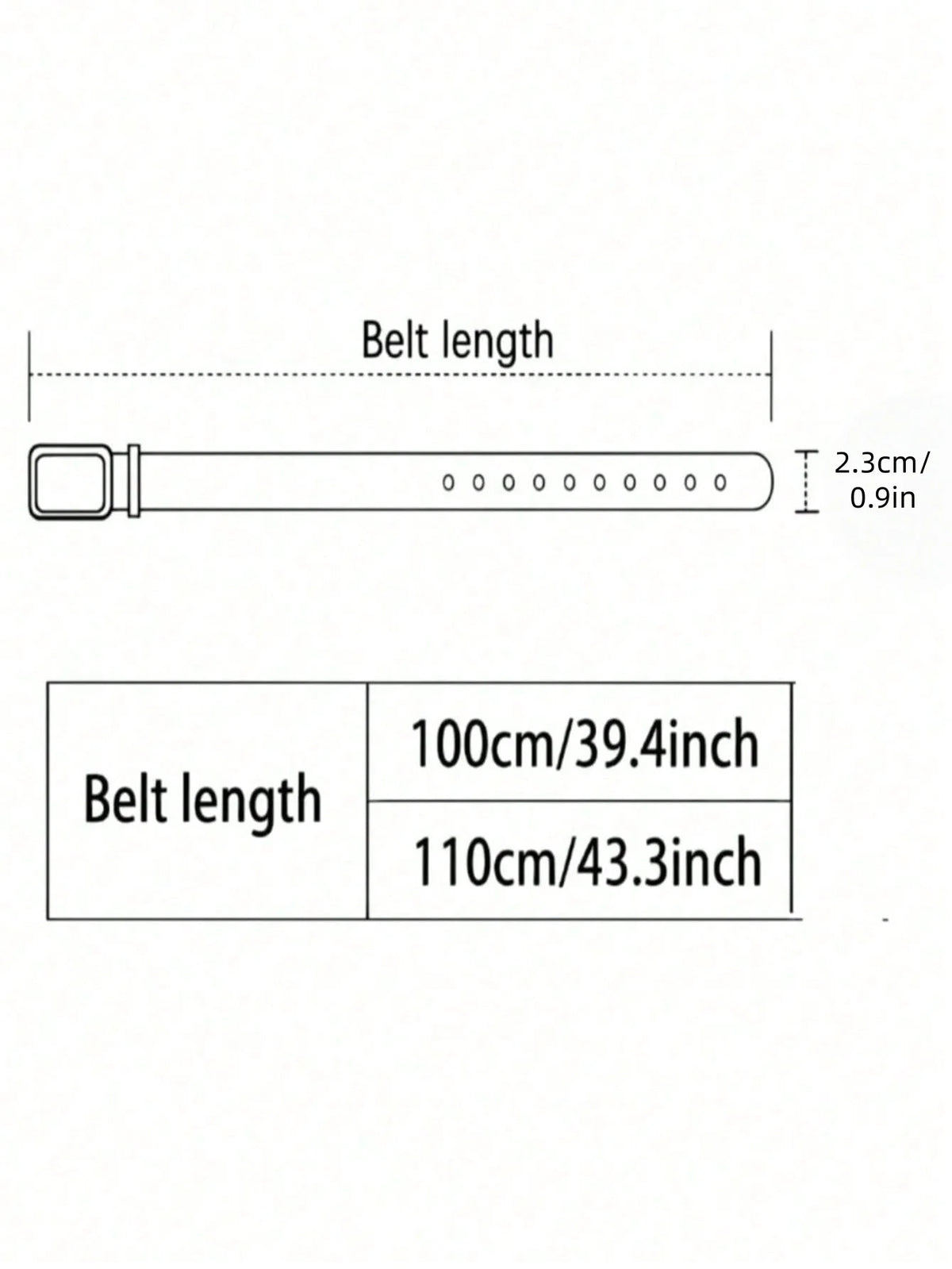 Belt length size chart showing 100cm/110cm options and 2.3cm width