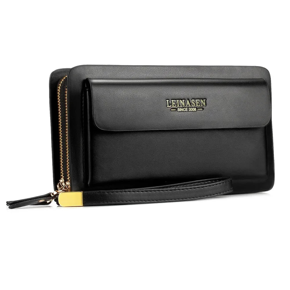 Black leather-look wallet clutch with side double zipper and front flap