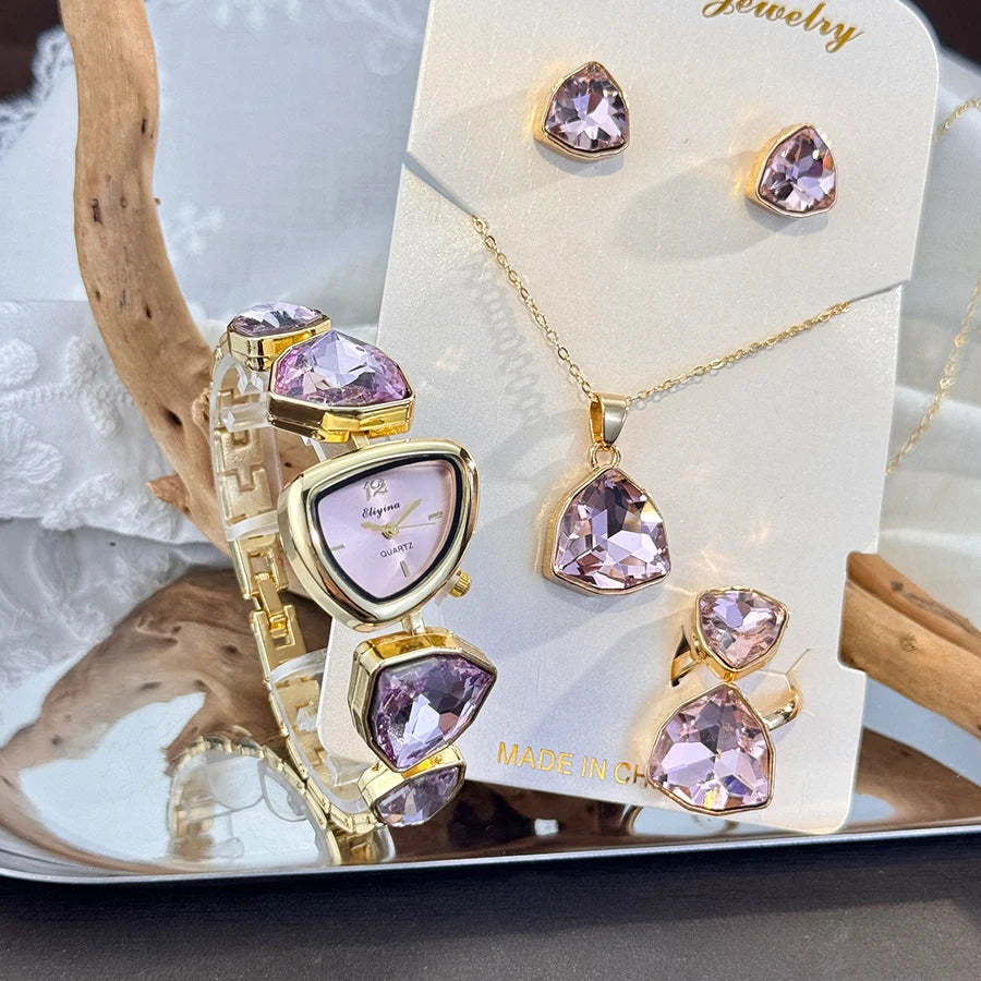 Luxury Ladies Quartz Watch  Colorful Diamond Irregular Shape Necklace Ring Earrings Jewelry Set Four-Piece Gift Set Trendsetter K's Collection Store