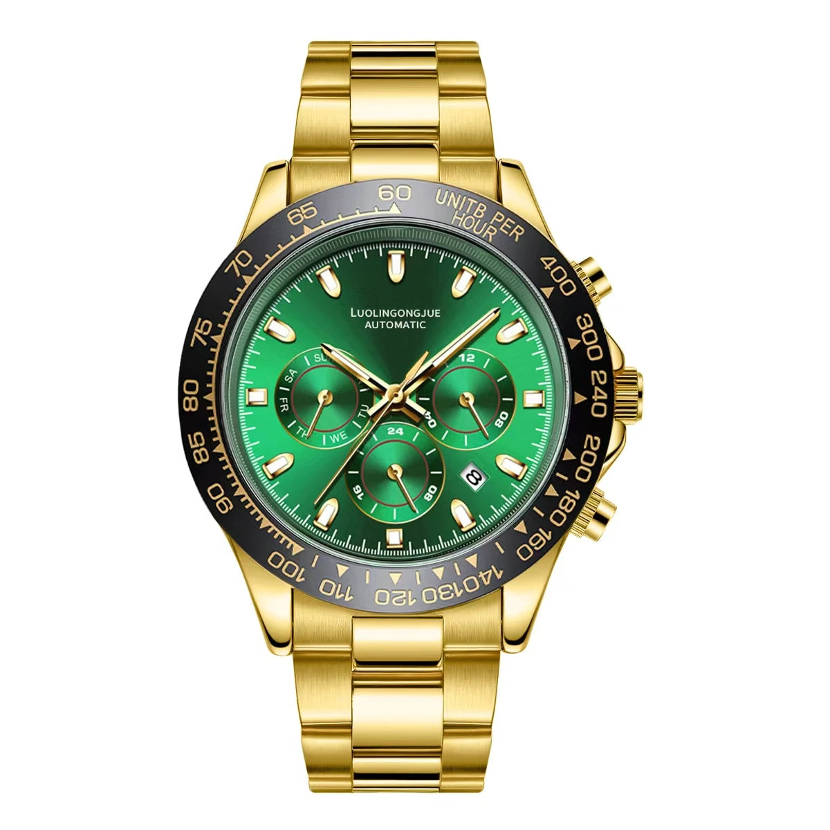 Men's mechanical business watch with gold bracelet and green multifunction dial