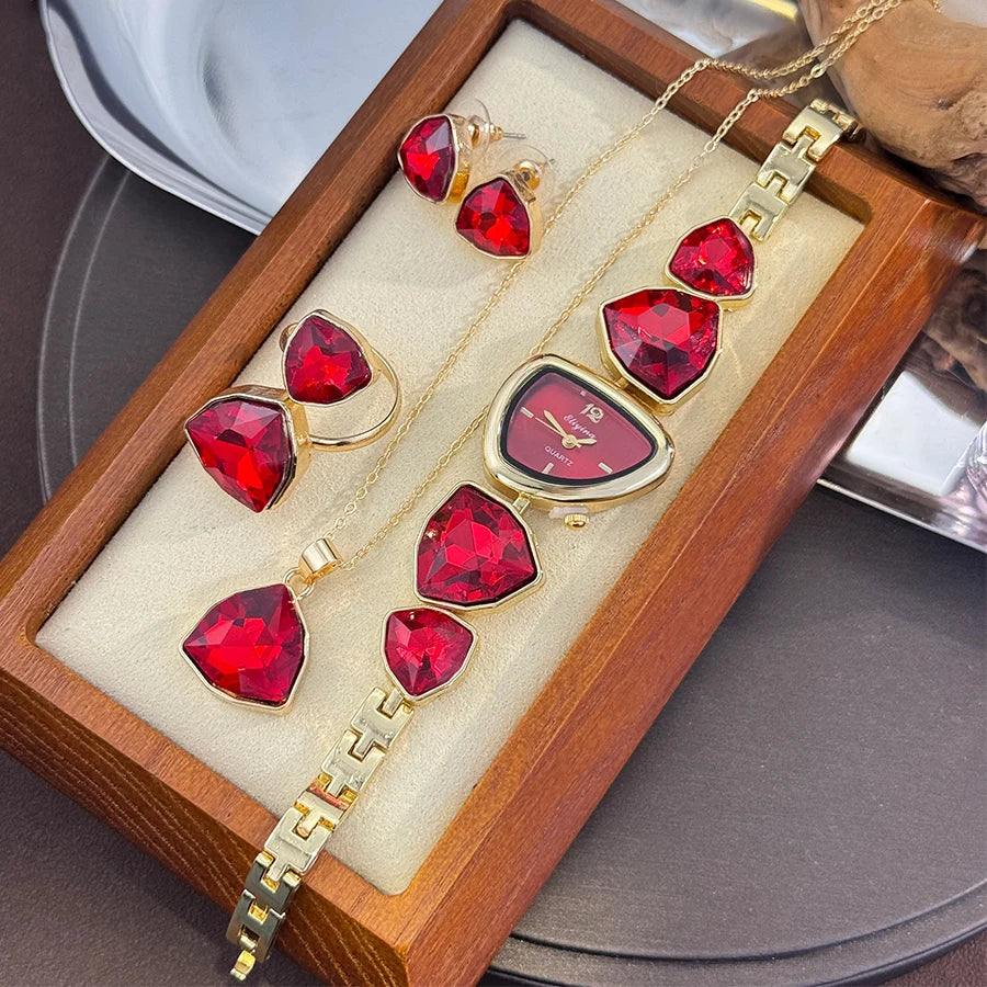 Luxury Ladies Quartz Watch  Colorful Diamond Irregular Shape Necklace Ring Earrings Jewelry Set Four-Piece Gift Set Trendsetter K's Collection Store