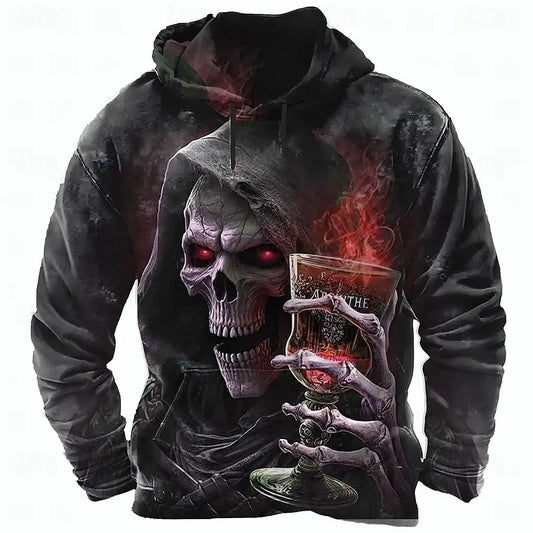 2026 Fall Winter Halloween Men's SKULL 3D Prints Hooded Hoodies Sweatshirt Long Sleeve Crew Neck Streetwear Drawstring Tops K's Collection Store