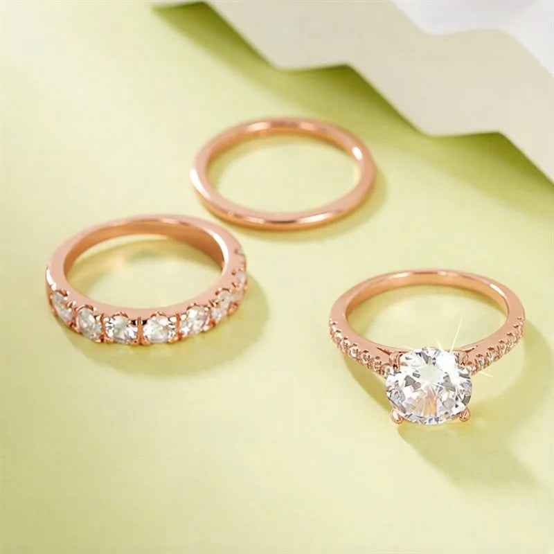 Huitan Gorgeous 3Pcs Set of Rings Female Luxury Shiny Round Zirconia Finger Jewelry Fashion Gold Color Accessories for Wedding K's Collection Store