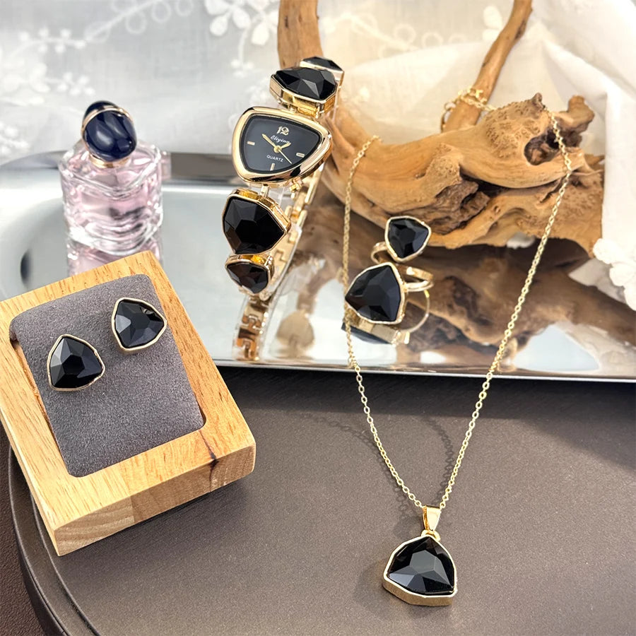 Luxury Ladies Quartz Watch  Colorful Diamond Irregular Shape Necklace Ring Earrings Jewelry Set Four-Piece Gift Set Trendsetter K's Collection Store