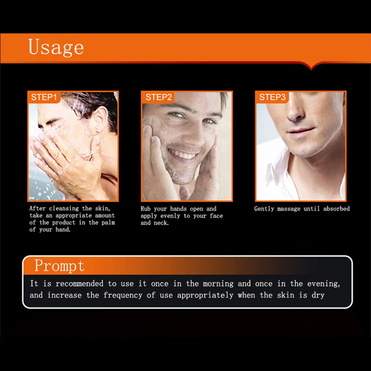 Men’s oil control face cream usage panel with three step instructions