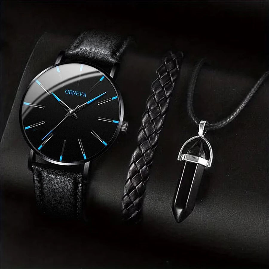 3PCS/Set Men Business Watches Casual Leather Band Analog Male's Quartz Watch Necklace Bracelet Set K's Collection Store