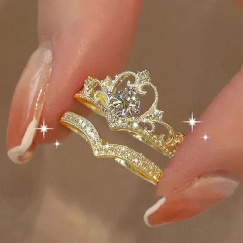 2PCS Fairy Sparkling Crown Rings for Women Teen Crystal Korean Adjustable Silvery Anniversary Gift Party Queen Ring Set Jewelry K's Collection Store