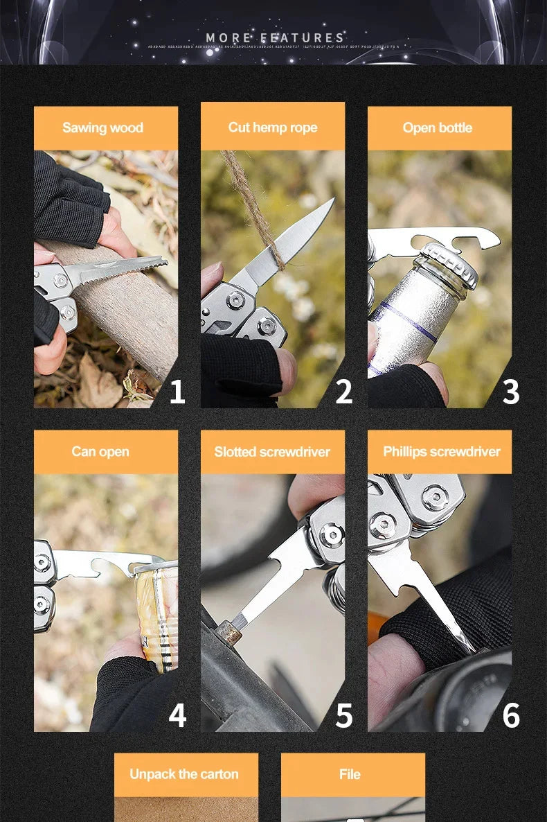 Folding multi-tool showing blades for cutting rope and opening bottle caps, silver