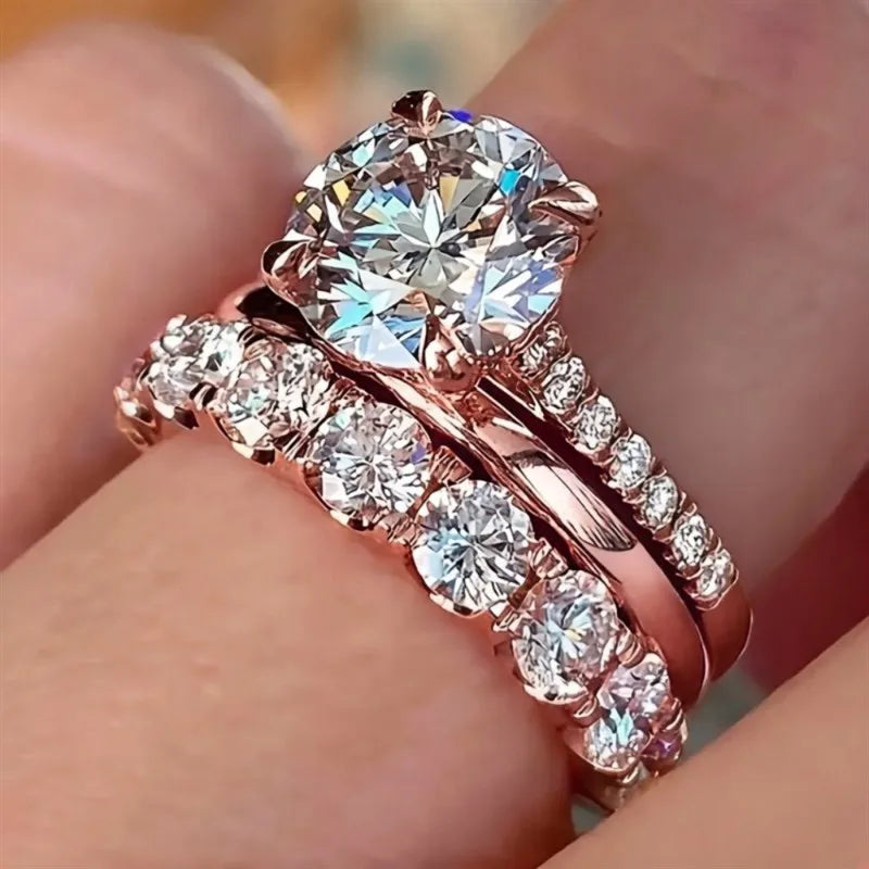 Huitan Gorgeous 3Pcs Set of Rings Female Luxury Shiny Round Zirconia Finger Jewelry Fashion Gold Color Accessories for Wedding K's Collection Store