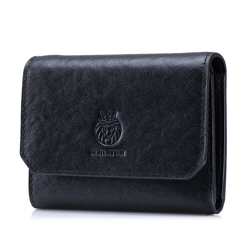 Men's compact genuine leather wallet, black, embossed crest on fold-over front