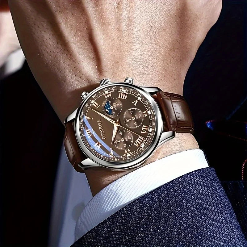 GENEVA High Quality Men's Luxury Belt Fashion Quartz Watch Men Round Business Student Sport Waterproof Glow Clock K's Collection Store