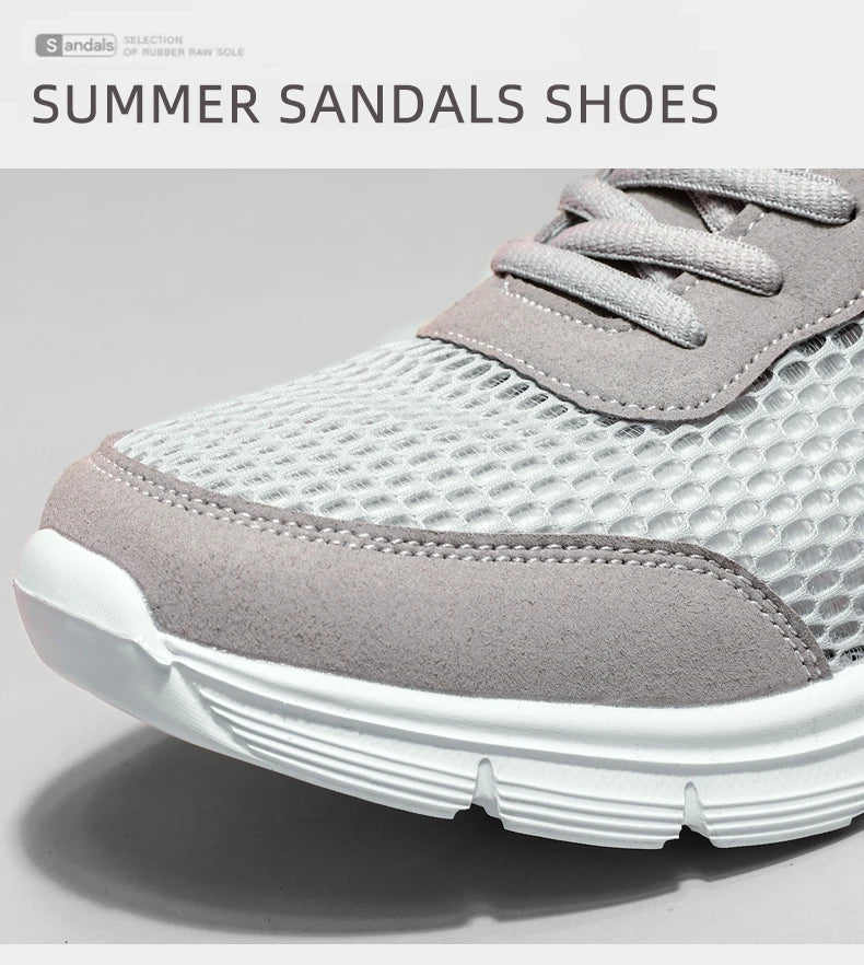 Men's sneakers close-up, gray mesh and suede panels with white sole and lace-up