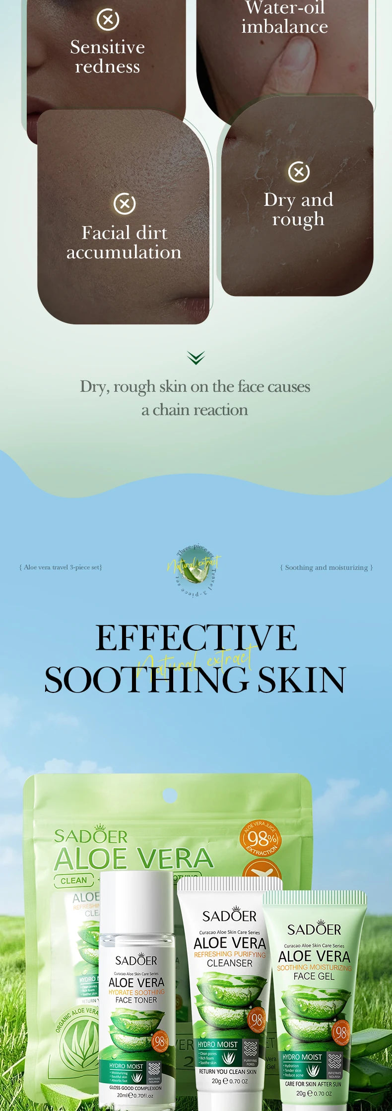 Aloe vera travel 3-piece skincare set with tubes and cleansing benefits callouts