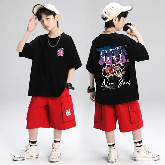 Kids cotton graphic tee and shorts set, black top with NYC art, red shorts