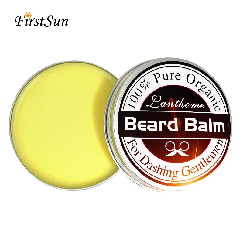 Men's beard balm tin and yellow balm insert, side-by-side