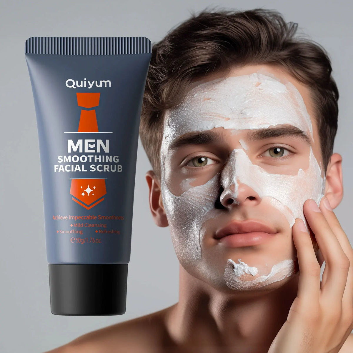 Men's facial scrub: Quiyum MEN tube with white cream applied to face and finger