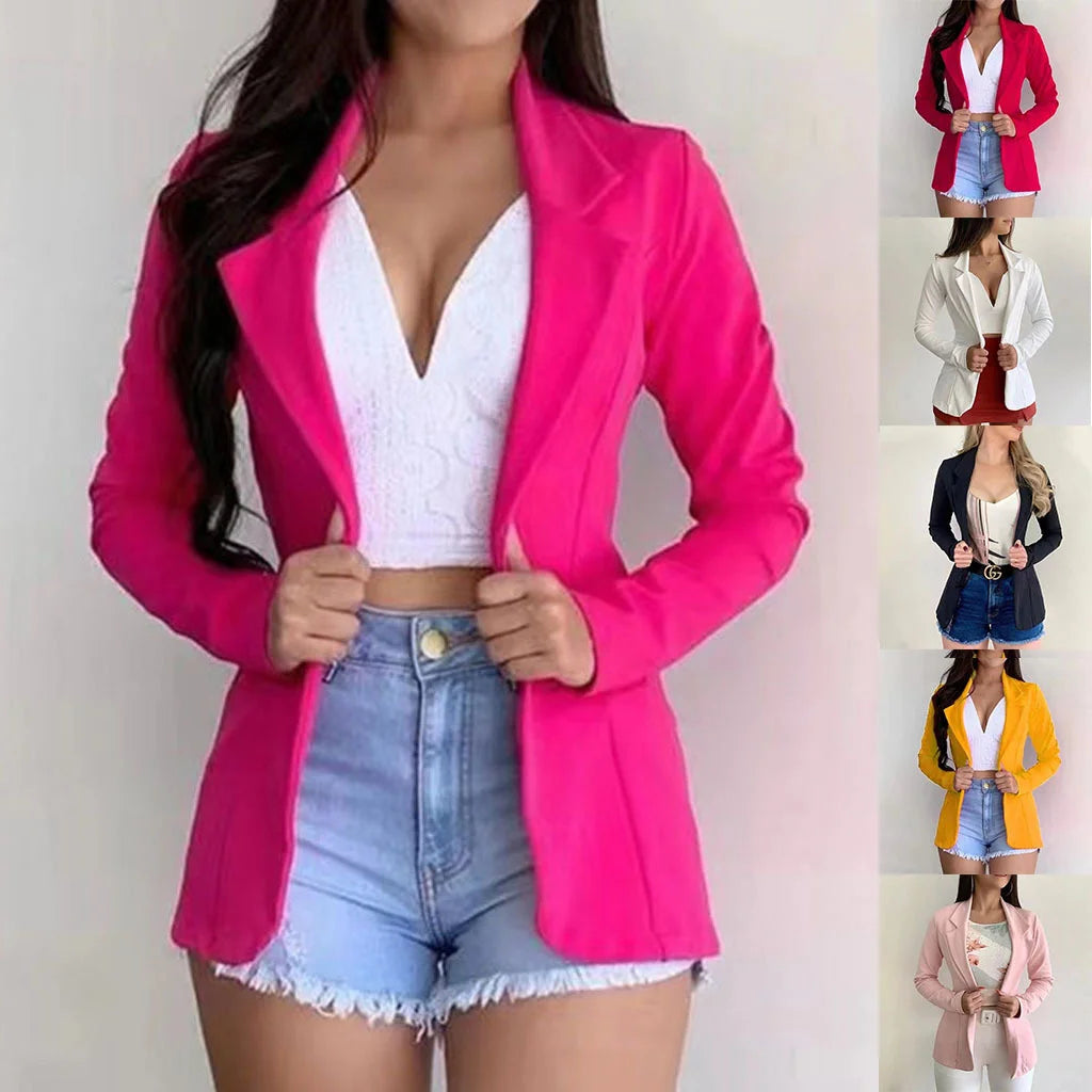 Women's relaxed blazer coat, pink, notched lapels and long sleeves