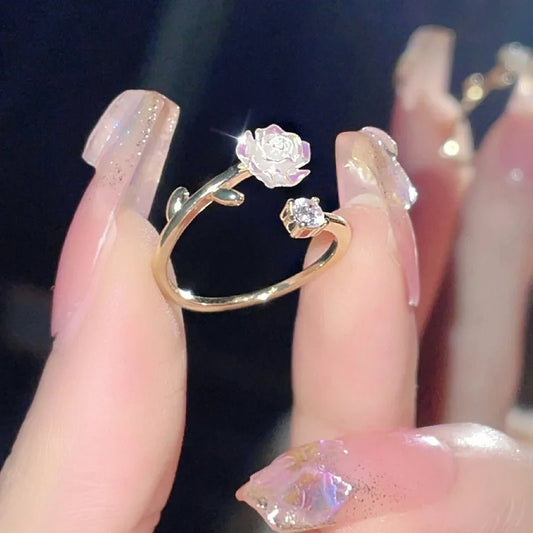 Luxury Zircon Flower Opening Rings for Women Cubic Zirconia Rose Cherry Blossom Tulip Adjustable Finger Ring Wedding Jewelry K's Collection Store