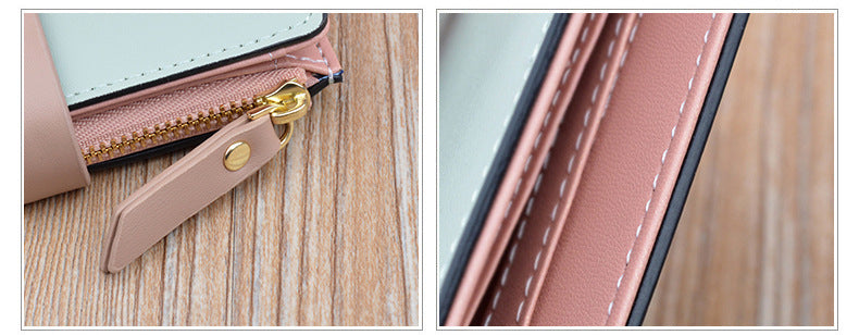 Close-up of wallet zipper pull and interior lining with card-slot dividers.