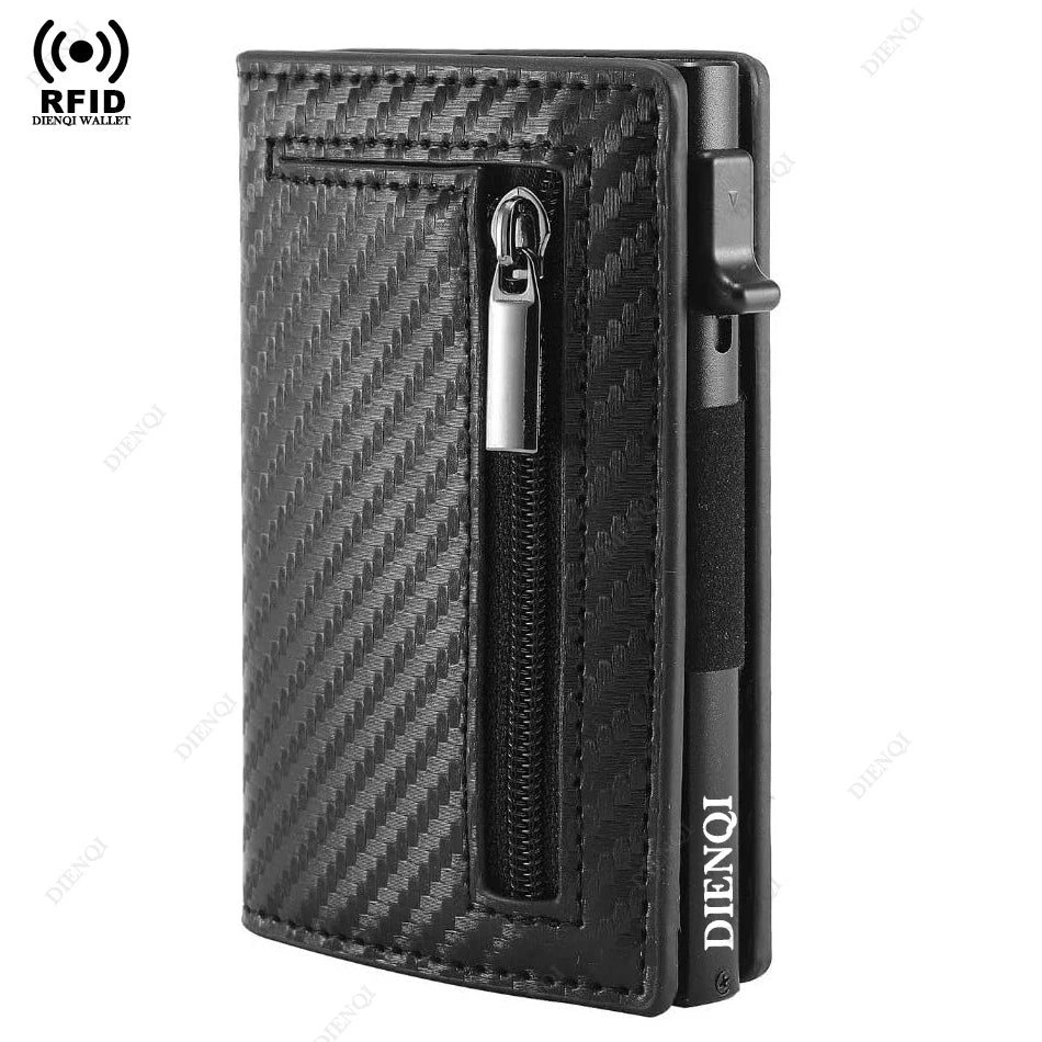 Carbon-fiber style black slim card holder with front zipper pocket and metal latch