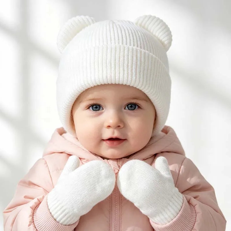Winter Kids Hat Gloves Set Cute Bear Ear Beanie for Boys Girls Warm Kintted Earflap Hats Solid Color Mittens 6M-3Y K's Collection Store