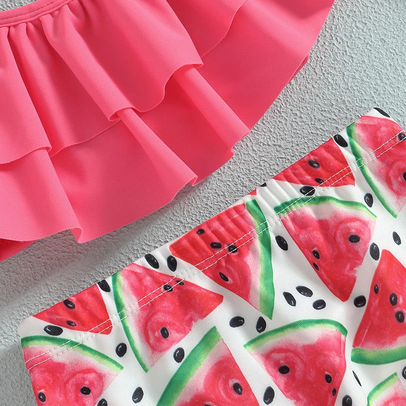 Watermelon-print bikini fabric with pink ruffle trim detail