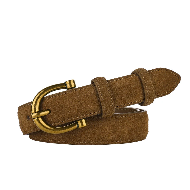 Women's pin-buckle belt in tan with gold-tone D buckle and double stitching