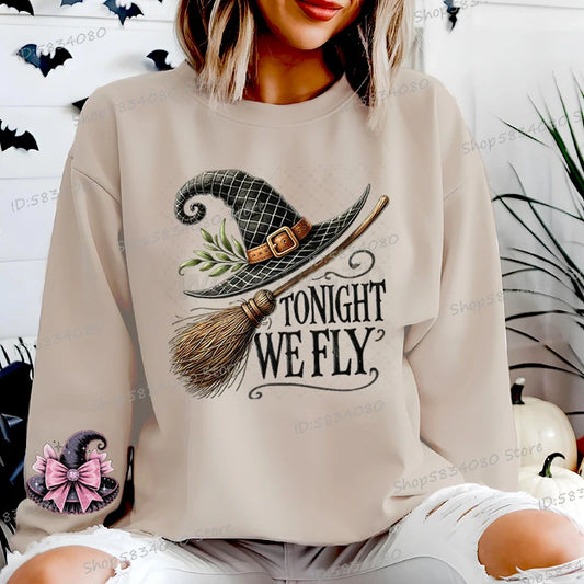 Women's Sweat-shirt Halloween Witch Hat Pullovers Fall Long Sleeve Spooky Season Hooded Shirt Tonight We Fly Halloween Sweater K's Collection Store