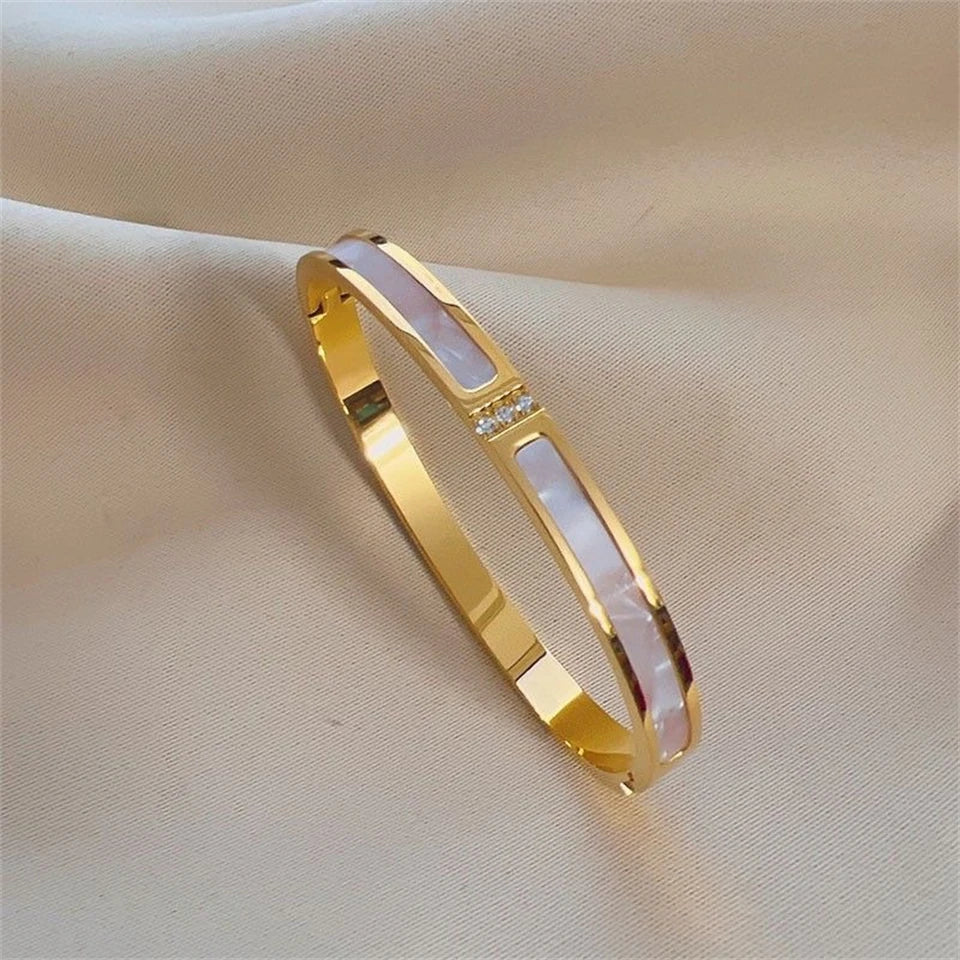 Yupsk Titanium Steel Gold Color Shell Zircon Open Bracelet Bangles Luxury Sparkling CZ Waterproof Jewelry K's Collection Store