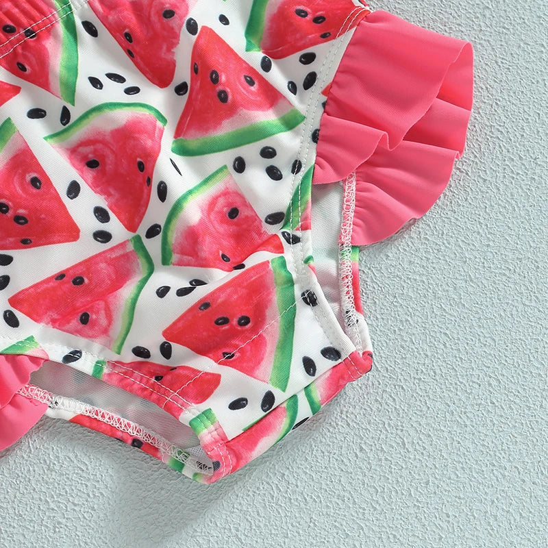 Watermelon-print swim bottoms with pink ruffled edges and elastic waistband detail