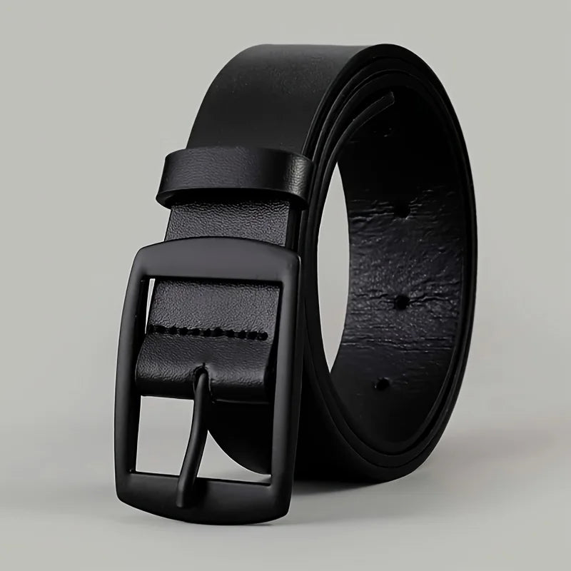 Men's black PU leather belt with rectangular pin buckle, front close-up