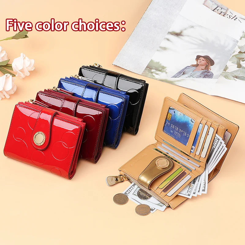 Short wallets in multiple colors—red, blue, black, and tan—with zipper and card slots