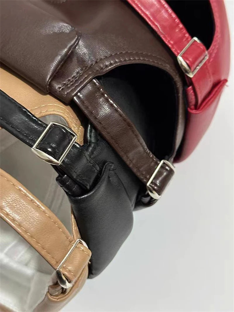 PU leather docker cap strap and buckle detail on brown, black, and red colors