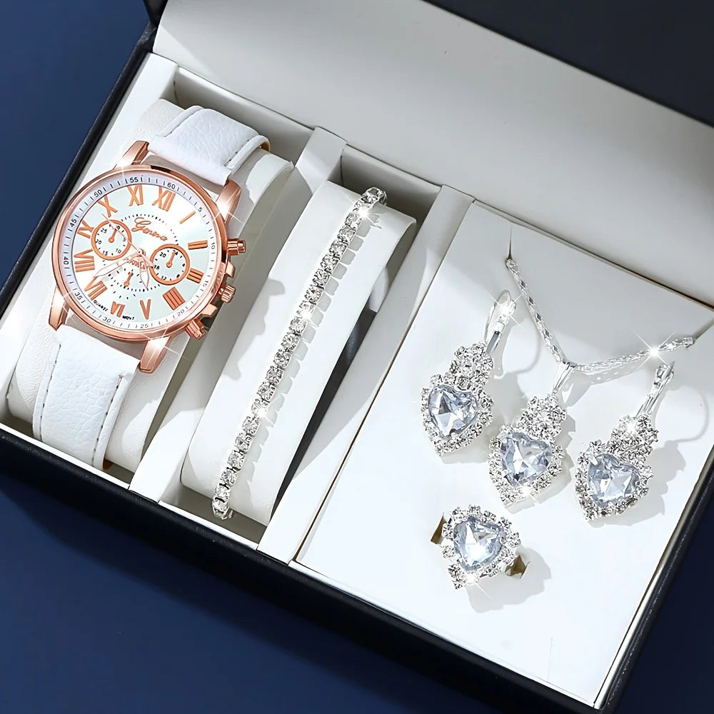 Fashion Quartz Watch and Jewelry Set, Shock Resistant Circular Analog Digital Display, PU Leather Strap, Zinc Alloy Case K's Collection Store