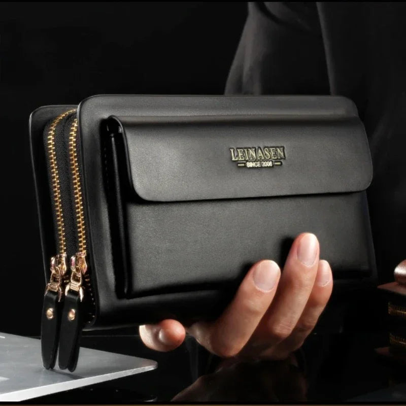 Black leather-look wallet clutch with double zipper and front flap pocket