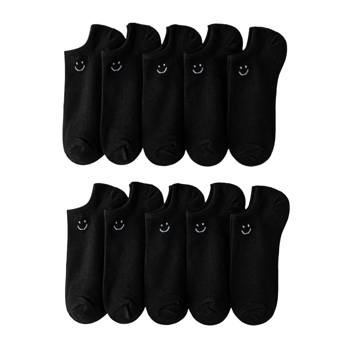 Women’s no-show socks multipack in black with small smiley face prints.